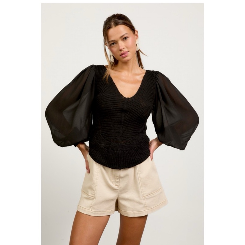 NWT Black Puff-Sleeve V-Neck Sweater Sz SMALL